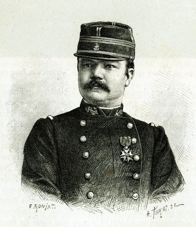 Retrato do Capitão Valliere, da infantaria naval, durante a expedição a África sob o comando de Gallieni. Gravura de E.Ronjat, após fotografia, para ilustrar a história "Exploração do Haut Niger" (Haut Niger), pelo Comandante de Etienne Antoine Eugene Ronjat