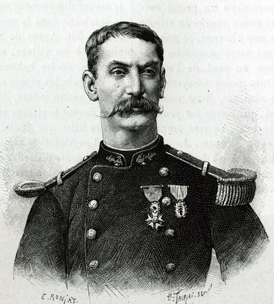Retrato do Comandante Joseph Gallieni, durante a expedição em África (1879-1882). Gravura de E. Ronjat depois de uma fotografia, para ilustrar a história "Exploration du Haut Niger (Haut Niger)" (actual Mali) do Comandante Joseph Gallieni (1849-1916) de th de Etienne Antoine Eugene Ronjat