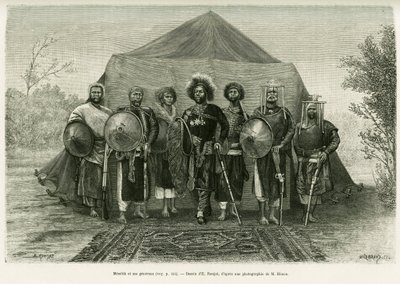 Retrato do Príncipe Menelik II da Etiópia (1844-1913), cercado por seus generais. Gravura de Ronjat, depois de uma fotografia, para ilustrar a história Voyage au Choa (Abyssinie meridionale) de Etienne Antoine Eugene Ronjat