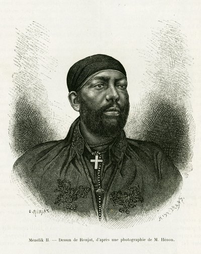 Retrato do Príncipe Menelik II da Etiópia (1844- 1913). Gravura de Ronjat, depois de uma fotografia, para ilustrar a história Voyage au Choa (Abyssinie meridionale) de Etienne Antoine Eugene Ronjat