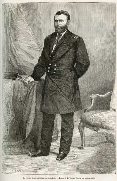 Retrato de Ulysses Grant (1822-1885), general americano, líder das tropas da União durante a Guerra da Secessão e 18º Presidente dos Estados Unidos (Estados Unidos) por dois mandatos, de 1869 a 1877. Gravura após o desenho de E.Ronjat, para ilustrar o de Etienne Antoine Eugene Ronjat