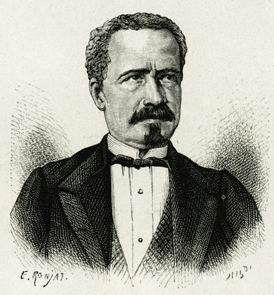 Retrato do Presidente do Equador de 1875 a 1876, Don Antonio Borrero. Gravura de E.Ronjat, depois de uma fotografia, para ilustrar a história "The Equinoxiale America". de Etienne Antoine Eugene Ronjat