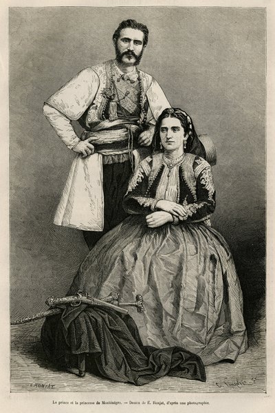 Retratos do Príncipe de Montenegro Nicholas I Petrovicz Niegosch (1841-1921) e sua esposa, Milena, nee Voukovich (1847-1923), desenho de E.Ronjat, para ilustrar a viagem a Montenegro, em 1874, de Charles Yriarte (1832-1898). Gravura em Le tour du de Etienne Antoine Eugene Ronjat