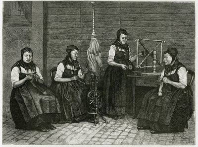 Espalhadores Sondernach, descrição dos diferentes estágios de fiação, mão, fuso e fuso. Gravura de E.Ronjat, para ilustrar a história "Atravers l