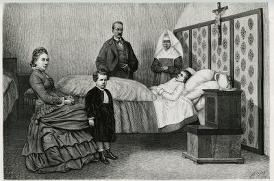A consulta do médico no hospital de Logelbach. Gravura de E.Ronjat, para ilustrar a história "Through Alsace and Lorraine", em 1884, de Charles Grad (1842-1890), deputado alemão, escritor e naturalista. Publicado em Le Tour du monde, nouveau journal d de Etienne Antoine Eugene Ronjat