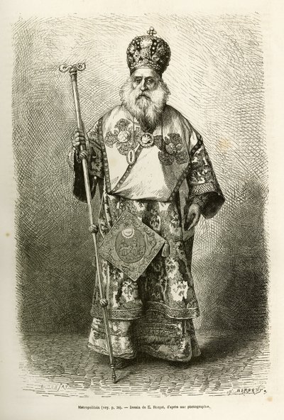 A eveque metropolitana da nova catedral de Athenes. Gravura após o desenho de E.Ronjat, para ilustrar a viagem à Grécia, de Henri Belle, em 1861-1868-1874, publicada em "Le tour du monde" 1876, editada por Edouard Charton, edição Hachette, de Etienne Antoine Eugene Ronjat