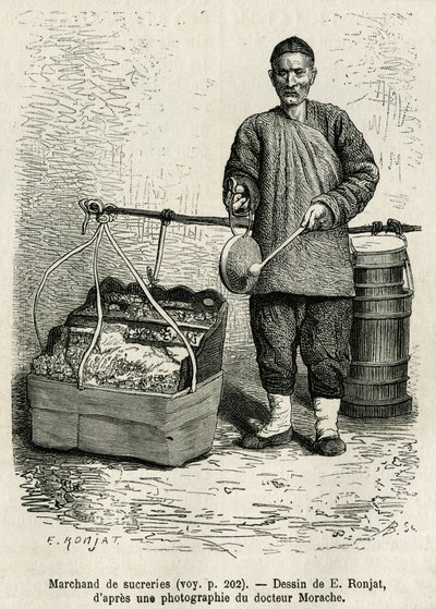 O comerciante de açúcar bateu num tambor plano para chamar a atenção para os seus damascos secos, maçãs cristalizadas e berlingo de caramelo, caminhando pela Porta da Flor Oriental do Palácio Imperial, em Pequim. Gravura após o desenho de E.Ronjat, para il de Etienne Antoine Eugene Ronjat
