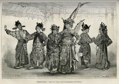 Tragedians de um teatro pequinês, especializado em dramas históricos e mitológicos. Gravura após o desenho de E.Ronjat, para ilustrar a viagem a Pequim e ao Norte da China, de T. Choutze, em 1873, publicada em "Le tour du monde" 1876, editada por Ed de Etienne Antoine Eugene Ronjat