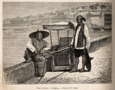 Dois portadores em repouso ao lado de sua cadeira de rodas em Hong Kong, gravada após um desenho de E. Ronjat ilustrando a viagem à China, de J. Thompson, em 1870-1872, publicado em "Le tour du monde" 1875, editado por Edouard Charton, edição Hachette, Par de Etienne Antoine Eugene Ronjat