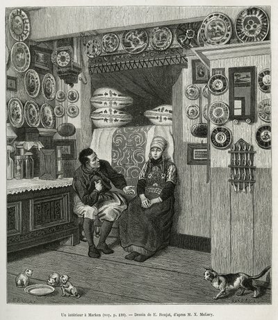 Un interieur à Marken (Pays Bas), gravada após um desenho de E.Ronjat, para ilustrar a história do Neerlande, de Charles de Coster, em 1878, publicada no tour du monde, sob a direcção de Edouard Charton de Etienne Antoine Eugene Ronjat