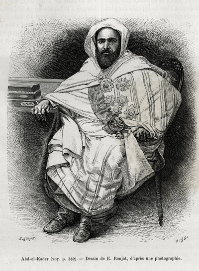 retrato de Abd El Kader (1808-1883), emir e sultão argelino, teólogo sufi, político e resistência militar ao exército colonial francês, também escritor, poeta e filósofo. Gravura de E.Ronjat, para ilustrar a história La Syria d