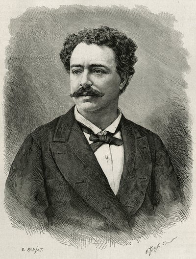 Retrato do autor e viajante Edmondo de Amicis (1846-1908), escritor italiano, gravado por E.Ronjat, para ilustrar a história de Marrocos por Edmondo de Amicis, em 1875, publicado no tour du monde, sob a direcção de Edouard Charton de Etienne Antoine Eugene Ronjat
