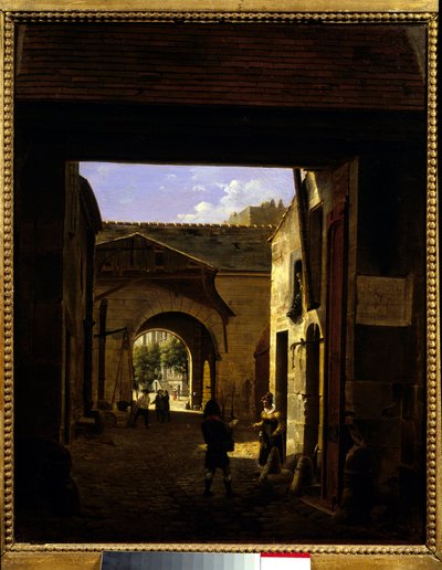 O pátio de uma casa de condução na rue Saint Denis conhecida como pátio Sainte Catherine Scene, no 1º arrondissement de Paris. Pintura de Etienne Bouhot (1780-1862) 1832 Sol. 0,27x0,22 m Paris, Musee Carnavalet. de Etienne Bouhot