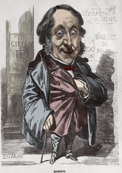 Retrato de Gioachino (Gioacchino) Rossini (1792-1868), Caricatura de Etienne Carjat - Etienne Carjat (1928-1906), retrato carregado por Rossini para Diogene, depois de Nadar, 21 de Dezembro de 1856 coloração digital de Etienne Carjat