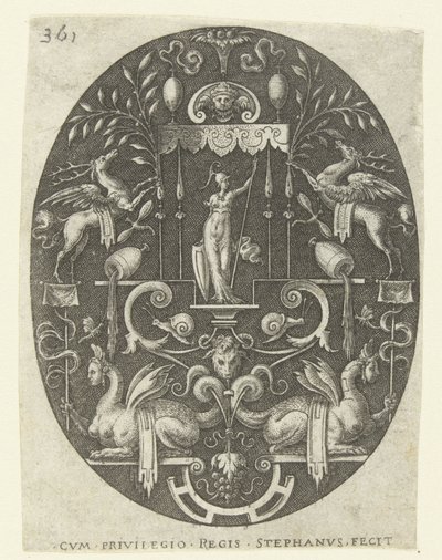 Bellona sob um dossel Ovais com deuses, cercados por grotescos (título da série) de Etienne Delaune