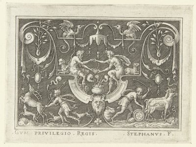 Esaú vende sua primogenitura a Jacó Decorações planas com cenas do Antigo Testamento em moldura de grotescos (título da série) de Etienne Delaune