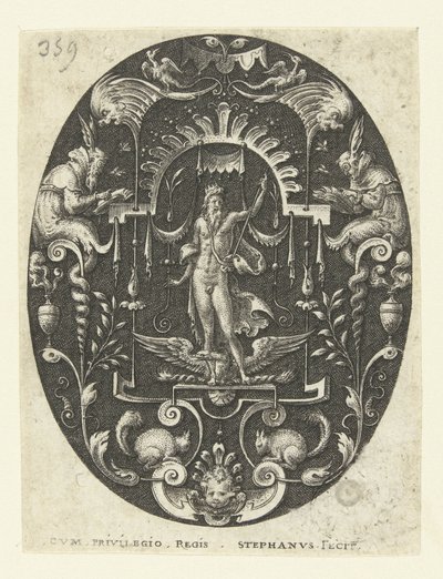 Júpiter com a sua águia a seus pés
Ovais com deuses rodeados de grotescos (título da série) de Etienne Delaune