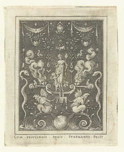 Vênus com Amor entre quatro corações ardentes Decorações de superfície com figuras de deuses em moldura de grotescos (versão posterior) (título da série) de Etienne Delaune