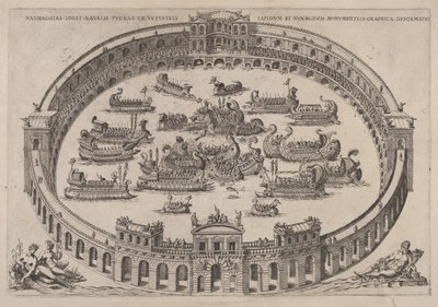 Engajamento naval situado dentro de uma arena romana, com o rio Tibre e ninfas na esquerda inferior ..., 1577-85. de Etienne Duperac
