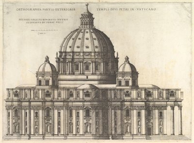 Espelho romano magnífico: Elevação Mostrando o exterior da Basílica de São Pedro ..., 1558-61. de Etienne Duperac