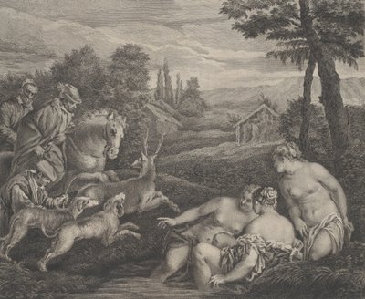 Diana e Acteon transformados em veado, ca. 1742. de Etienne Fessard