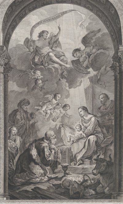A Capela dos Enjeitados em Paris: Os Magos Gaspard e Melchior adorando o E..., 1752. de Etienne Fessard