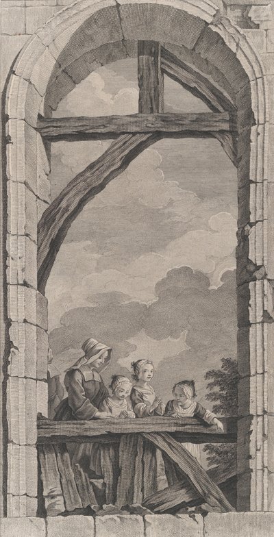 A Capela dos Enjeitados em Paris: Freira e Meninas Observando o Crec..., 1756. de Etienne Fessard