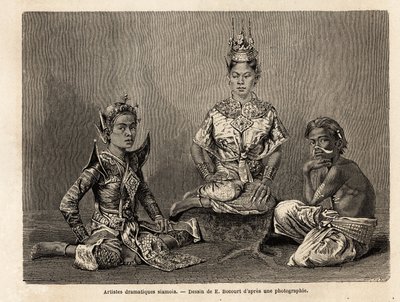 Artistas dramáticos siameses, desenhados por E.Bocour, para ilustrar a viagem de Henri Mouhot aos reinos do Sião, Camboja e Laos, de 1858 a 1861. Gravura em "Le tour du monde", editado por Edouard Charton de Etienne Gabriel Bocourt