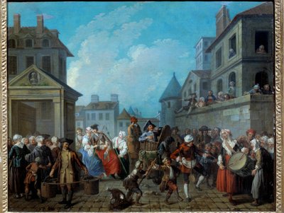 Carnaval nas ruas de Paris Pintura de Etienne Jeaurat (1699-1789) 1757. Dim 0,65 x 0,82 m Paris, Musee Carnavalet de Étienne Jeaurat