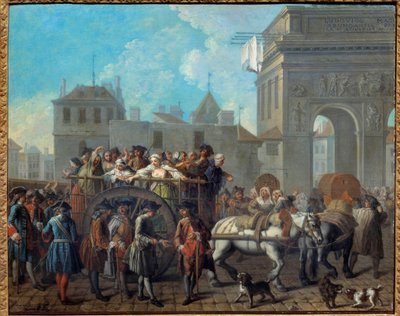 A conduta das meninas da alegria no Salpetriere, a passagem pelos portões de São Bernardo O atual Hospital Salpetriere era originalmente uma prisão e um hospital para mulheres. Pintura de Etienne Jeaurat (1699-1789) 1757 Dim. 0,65 x 0,82 m Paris, Musee Car de Étienne Jeaurat