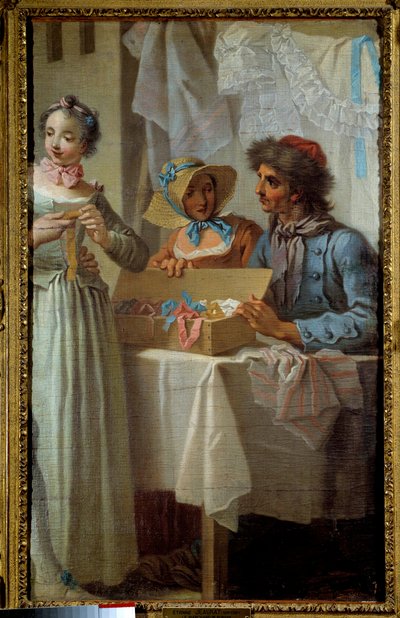 O revendedor de fitas Pintura por Etienne Jeaurat (1699-1789) Século XVIII. Dim. 0,81 x 0,51 m Paris, Musee Carnavalet de Étienne Jeaurat
