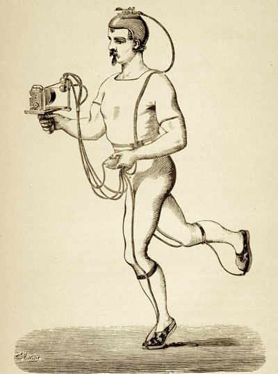 Runner fornecido com o aparelho destinado a registrar seus ritmos diferentes, do Popular Science Monthly, pub.1875 de Etienne Jules Marey