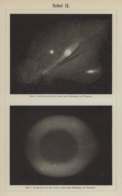 Vistas da Nebulosa de Andrómeda e da Nebulosa do Anel na constelação Lyra (gravura) de Étienne Léopold Trouvelot