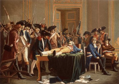 A manhã do 10º Thermidor Ano II; Maximilien de Robespierre, com o maxilar fracturado, espalhado sobre uma mesa (chromolitho) de Etienne Lucien (after) Melingue