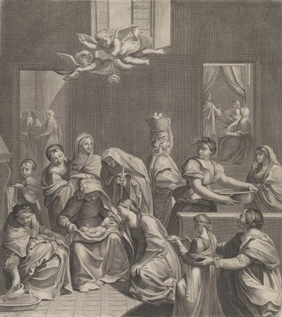 O nascimento da Virgem, mulher sentada com uma criança no colo, numerosas mulheres ao redor..., 1677. de Etienne Picart