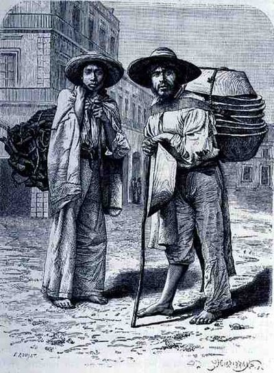 Charcoal and Batteas Vendors, de As Antigas Cidades do Novo Mundo, de Claude-Joseph-Desire Charnay, gravada por Henri-Theophile Hildebrand (1824-97), pub. 1887 de Etienne after Ronjat