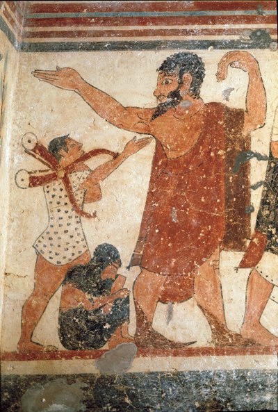 Um personagem, pode ser o árbitro da luta. (Detalhe do afresco, 530 a.C.) de Etruscan