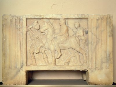 Grafite de alabastro com o falecido cavalgando para o Mundo Inferior, do século IX a I aC (alabastro) de Etruscan