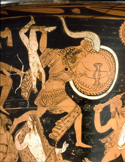 Antiquito etrusco: cratera sineira representando a destruição de Tróia: detalhe representando Neoptoleme atirando Astyanax, filho de Hector, sobre as paredes. De Falerii Veteres (Civita Castellana). 350-300 AC. Roma, Museo Nazionale di Villa Giulia de Etruscan