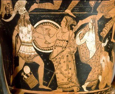 Antiquito etrusco: cratera em sino representando a destruição de Tróia: detalhe representando Menelas de frente para Afrodite, Helene é representada à direita. De Falerii Veteres (Civita Castellana). 350-300 AC. Roma, Museo Nazionale di Villa Giulia de Etruscan