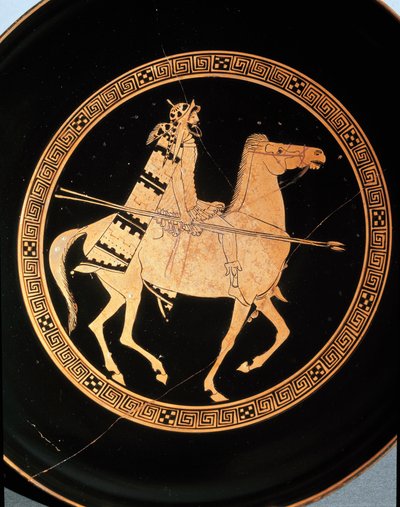 Antiquito etrusco: detalhe de uma kylix representando um cavaleiro. De Falerii Veteres (Civita Castellana) do século V a.C. Roma, Museo Nazionale di Villa Giulia de Etruscan