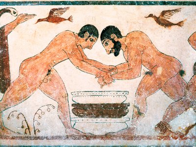 Arte etrusca : Atletas representados na tumba dos augúrios na necrópole de Monterozzi Tarquinia, perto de Viterbo, Itália. Fresco do século VI a.C. de Etruscan