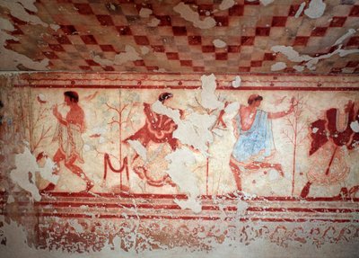Dançarinos e músicos durante um banquete. Frescos do Tomba del triclinium, século V a.C. de Etruscan