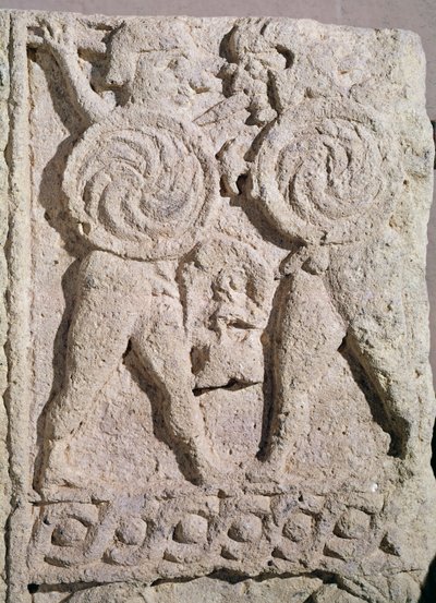 Detalhe, de, um, lápide, com, dois, guerreiros, pedra de Etruscan