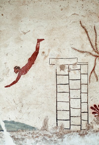 Arte etrusca: Um jovem nadador a mergulhar. Fresco do túmulo do "mergulhador". Detalhe. Do cemitério do sul de Paestum. 480-470 AC. Museo Archeologico Nazionale, Paestum de Etruscan