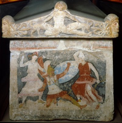 Arte etrusca: "um soldado grego é atacado por duas amazonas" Acima, Acteon devorado pelos seus cães. Sarcófago Amazonas. Fim do século IV AC. De Tarquinia. Florença, Museo Archeologico. de Etruscan