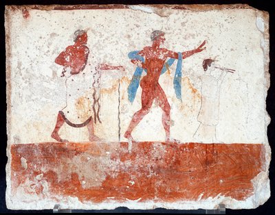 Arte etrusca: uma jovem efebe, um músico e um mestre de cerimónias. Fresco do túmulo do "mergulhador". Do cemitério do sul de Paestum. 480-470 AC. Museo Archeologico Nazionale, Paestum de Etruscan