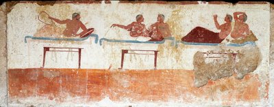 Arte etrusca: cena de banquete. Fresco do túmulo do "mergulhador". Do cemitério do sul de Paestum. 480-470 AC. Museo Archeologico Nazionale, Paestum de Etruscan