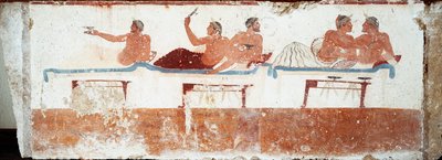 Arte etrusca: cena de banquete. Fresco do túmulo do "mergulhador". Do cemitério do sul de Paestum. 480-470 AC. Museo Archeologico Nazionale, Paestum de Etruscan