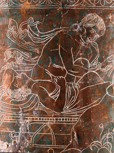 Arte etrusca: detalhe da Ficoroni Cistus de bronze representando a lenda dos Argonautas: o navio de Argos. Do Preneste (Palestrina). 340 AC. Museo Nazionale di Villa Giulia, Roma. de Etruscan
